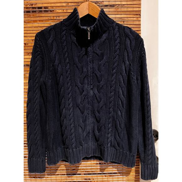 L.L. Bean Women's Navy Cable Knit Cotton Zip Cardigan Sweater Size L Preppy VTG - Picture 1 of 10